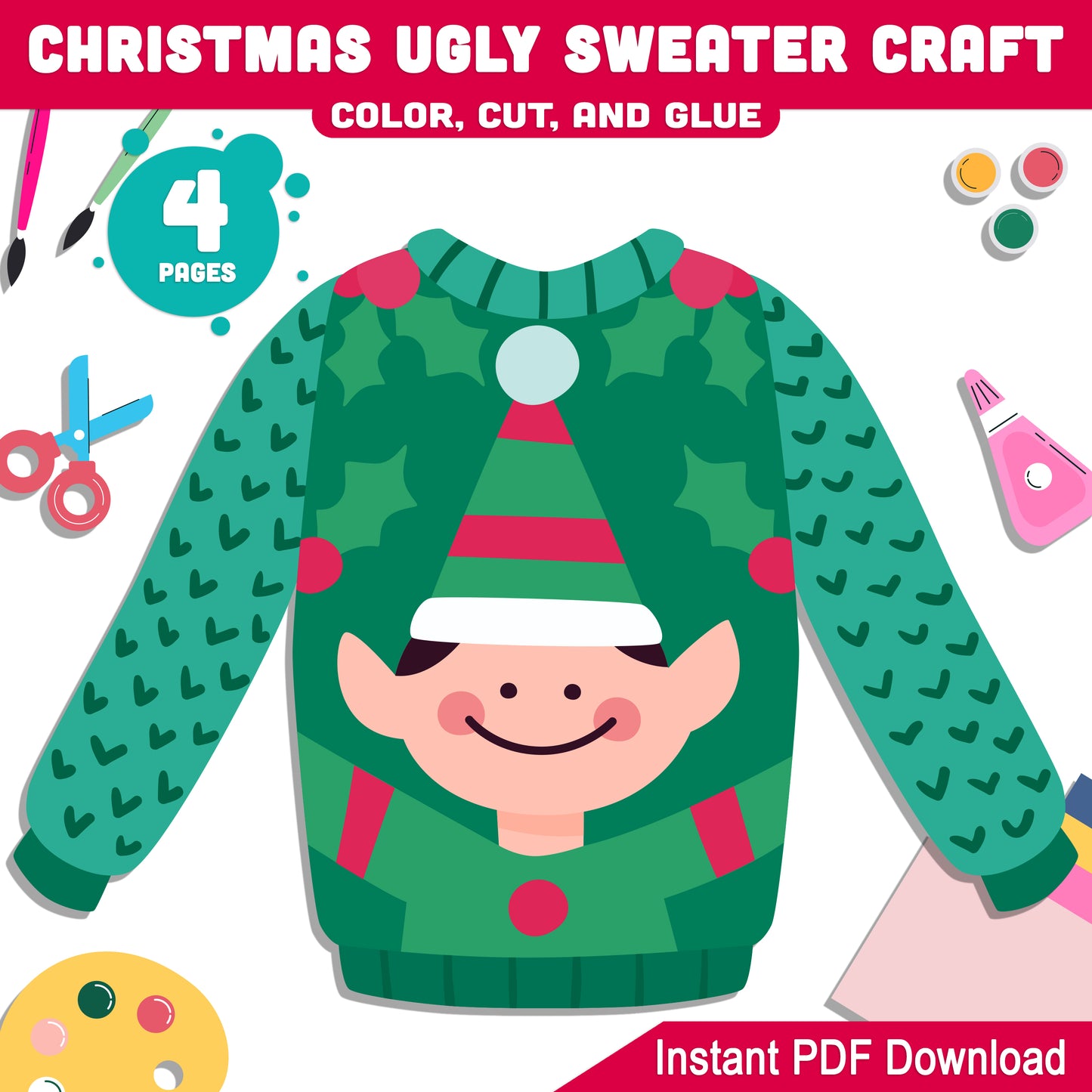 Holiday Ugly Sweater Craft for Kids: Creative Christmas Template for PreK to 2nd Grade, Fun Color, Cut, and Glue PDF Activity, Instant Download