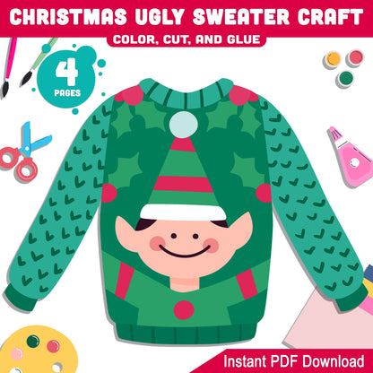 Holiday Ugly Sweater Craft for Kids: Creative Christmas Template for PreK to 2nd Grade, Fun Color, Cut, and Glue PDF Activity, Instant Download