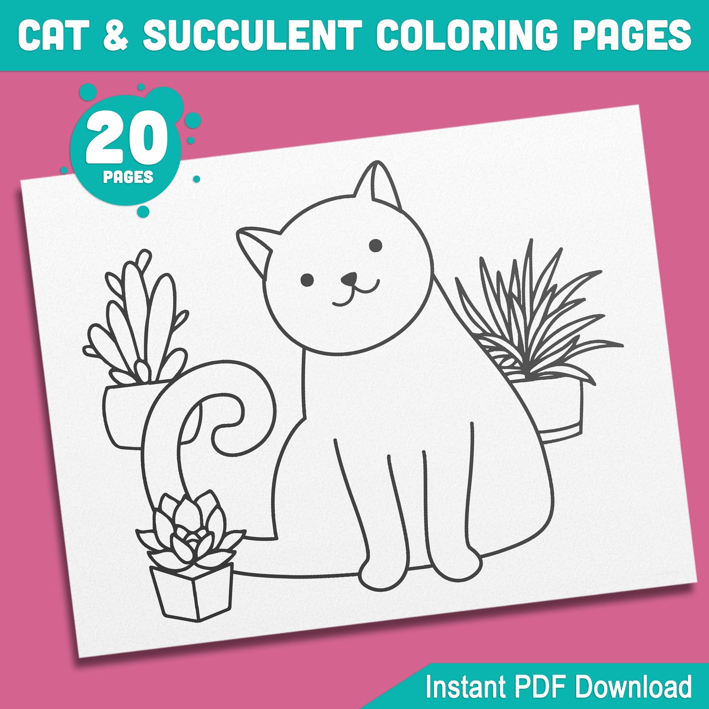 20 Cat and Succulent Coloring Pages for Kids & Adults – Fun, Relaxing, and Creative Activity, Printable PDF Instant Download