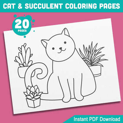 20 Cat and Succulent Coloring Pages for Kids & Adults – Fun, Relaxing, and Creative Activity, Printable PDF Instant Download