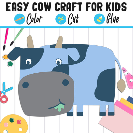 Easy Cow Craft for Kids : Color, Cut, and Glue, a Fun Activity for Pre K to 2nd Grade, PDF Instant Download