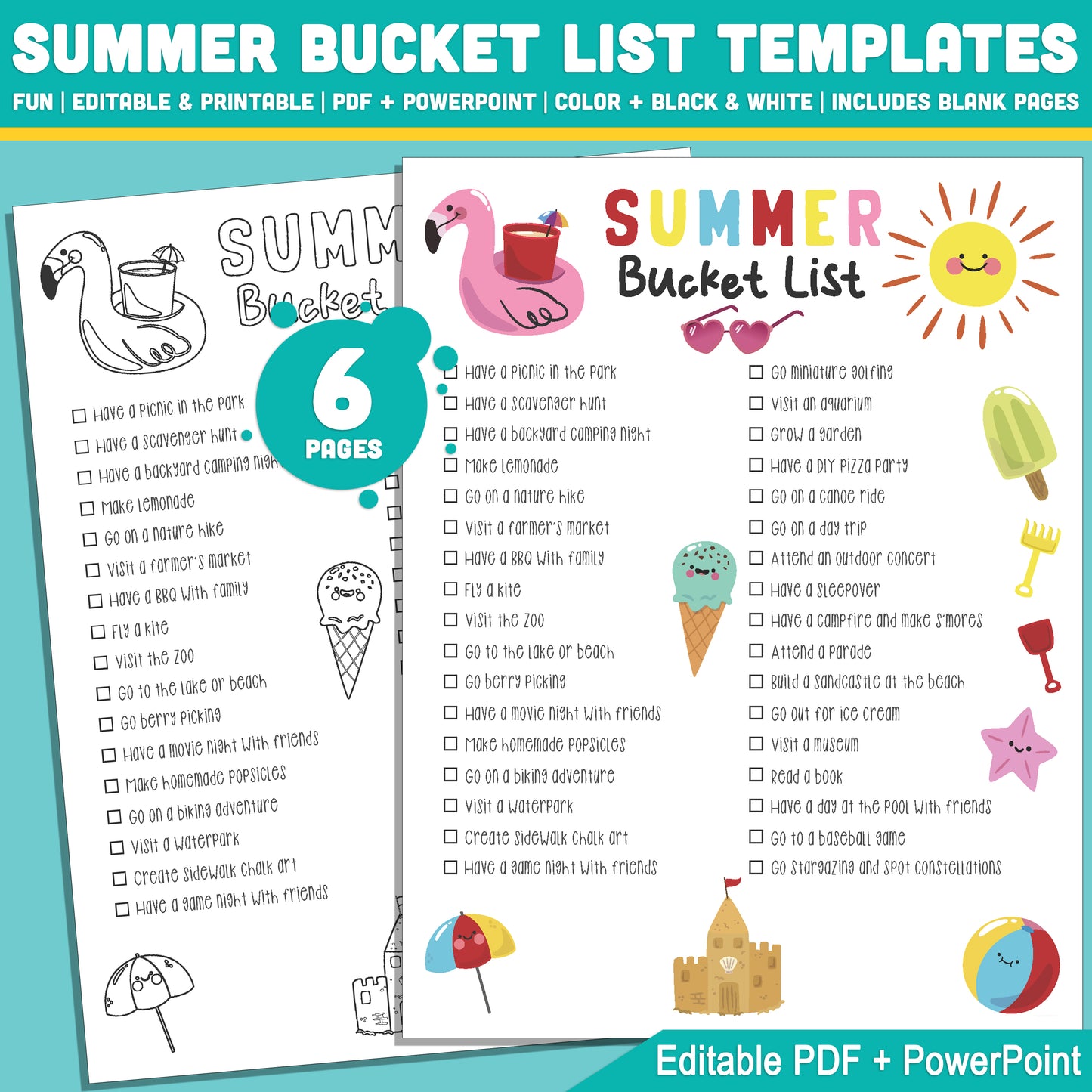 Editable Summer Bucket List for Kids: Printable Planner with Activities, Blank Pages, Color & Black & White, 8.5x11", Instant Use