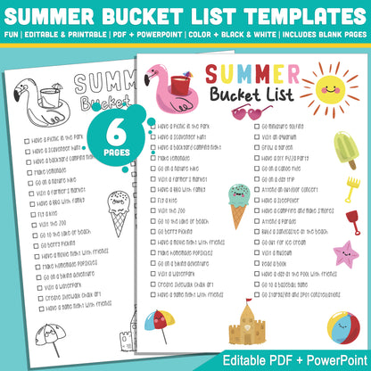 Editable Summer Bucket List for Kids: Printable Planner with Activities, Blank Pages, Color & Black & White, 8.5x11", Instant Use
