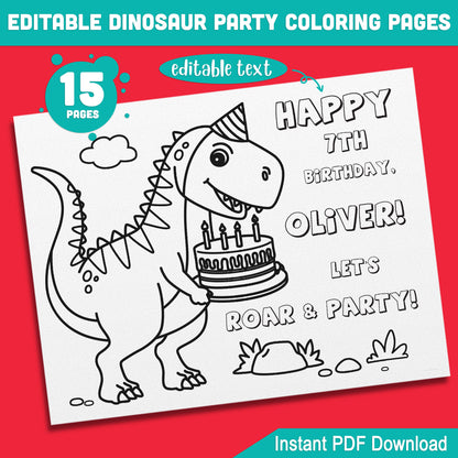 Fun Dinosaur Birthday Coloring Pages: 15 Printable Party Sheets, Perfect for Kids’ Dino-Themed Celebrations - Editable PDF File, Instant Download