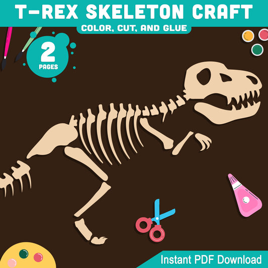 T-Rex (Tyrannosaurus Rex) Skeleton Craft, Dinosaur Color, Cut and Paste Activity, Printable PDF, Pre-Colored, Black and White, US Letter, A4