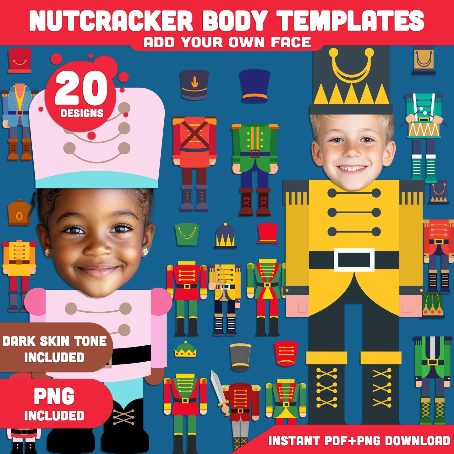 Printable Nutcracker Body Templates, 20 Fun Add Your Own Face Christmas Designs (Light + Dark Skin Tone, PDF + PNG), Classroom Holiday Craft PDF, 8.5"x11"