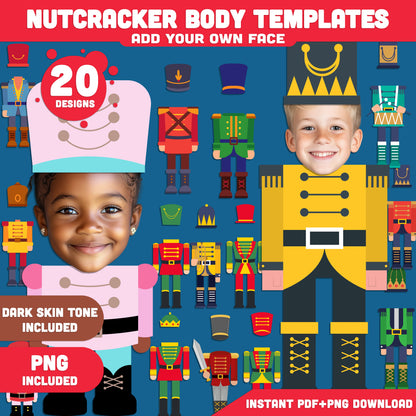 Printable Nutcracker Body Templates, 20 Fun Add Your Own Face Christmas Designs (Light + Dark Skin Tone, PDF + PNG), Classroom Holiday Craft PDF, 8.5"x11"