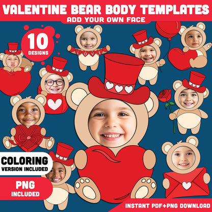Valentine Bear Body Templates – Add Your Own Face Craft with Coloring Pages, Fun Valentine Classroom Activity, High-Resolution PDF & PNG