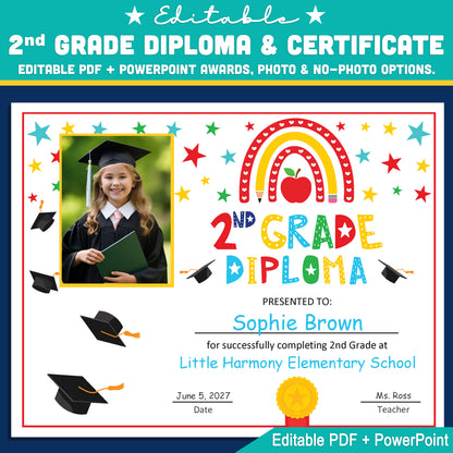 Editable 2nd Graduation Diploma & Certificate Set, Printable Rainbow Stars Awards, Photo and No-Photo Options, PDF, PowerPoint, Canva