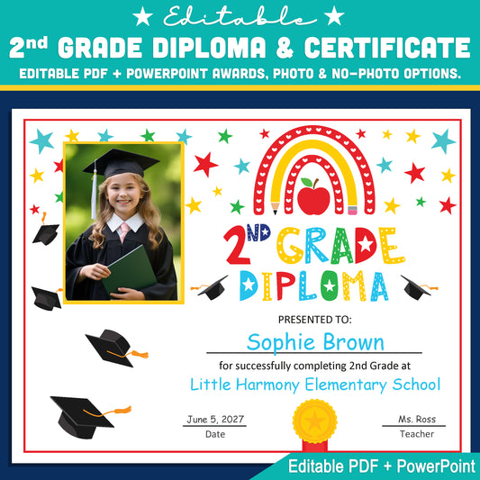 Editable 2nd Graduation Diploma & Certificate Set, Printable Rainbow Stars Awards, Photo and No-Photo Options, PDF, PowerPoint, Canva