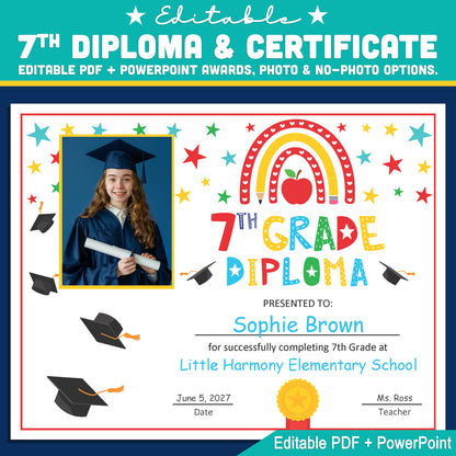 Editable 7th Graduation Diploma & Certificate Set, Rainbow Stars Graduation Awards, Photo or No-Photo Options, Edit in PDF, PowerPoint, Canva