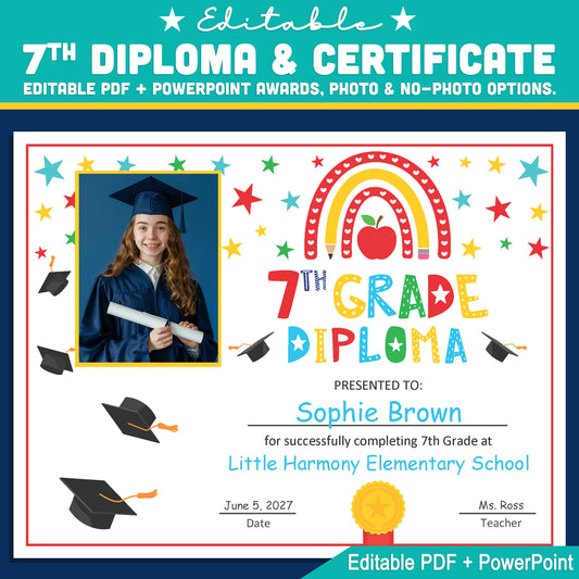 Editable 7th Graduation Diploma & Certificate Set, Rainbow Stars Graduation Awards, Photo or No-Photo Options, Edit in PDF, PowerPoint, Canva