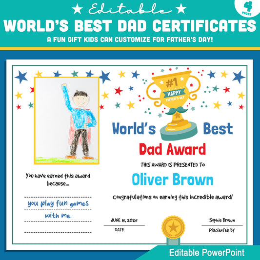 Fun Father’s Day Awards Certificates – World’s Best Dad Editable PowerPoint, 2 Versions: Color + B&W, Drawing Frame Options, 8.5x11 Inches