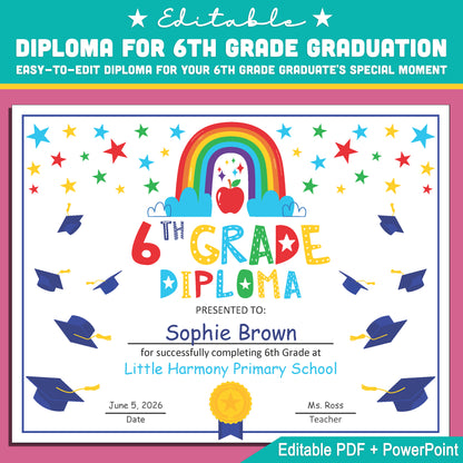 Customizable 6th Grade Diploma Template: Editable Letter Size PDF & PowerPoint for Graduation Ceremonies and Achievement Recognition