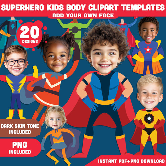 Superhero Body Clipart Collection – Add Your Face to 20 Fun Hero Designs! Light + Dark Skin Tones, PDF + PNG Instant Download