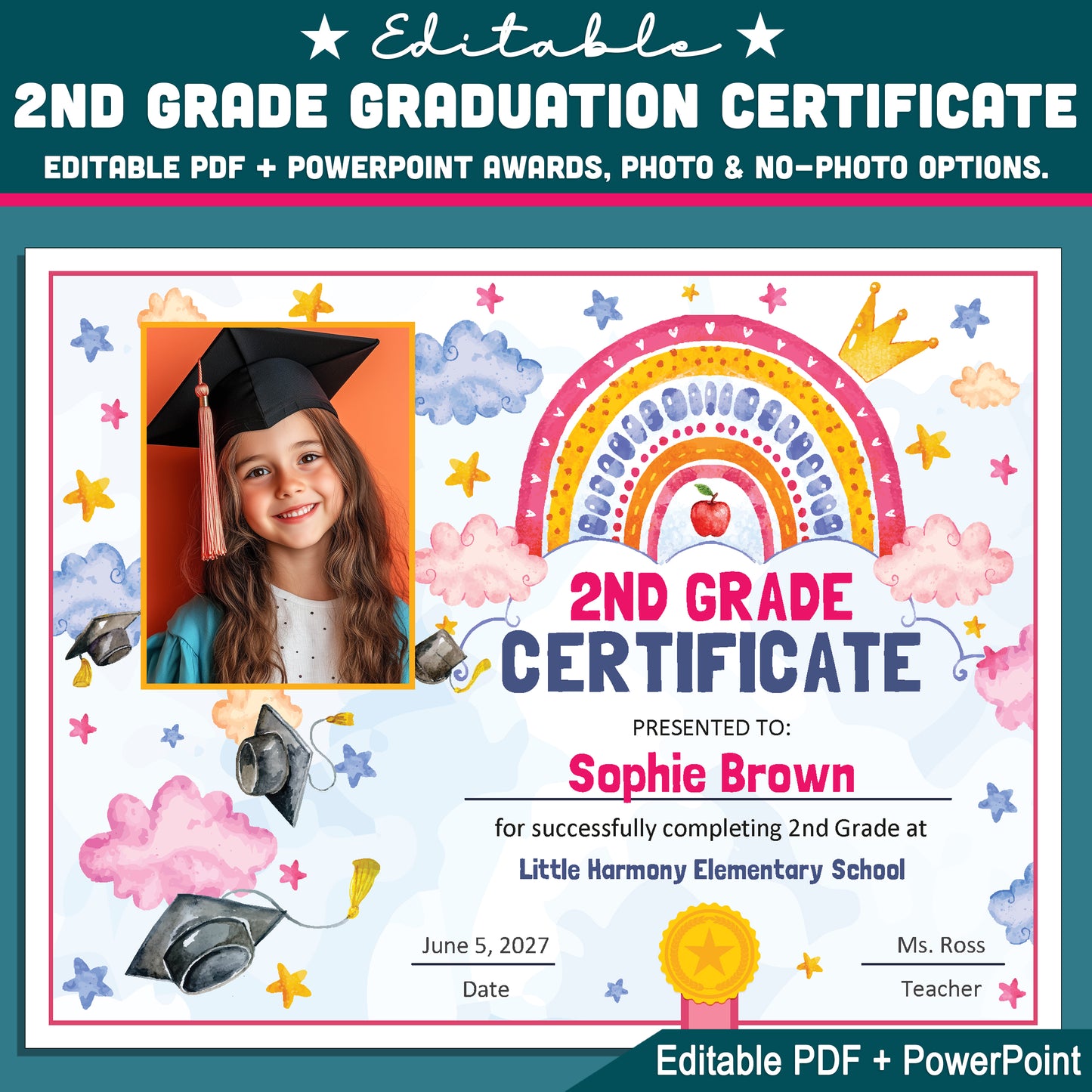 2nd Grade Completion Certificate, Second Grade Rainbow Star Theme, Editable End of Year Awards, Photo and No Photo, PDF and PowerPoint