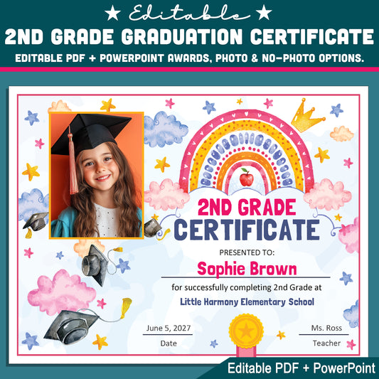 2nd Grade Completion Certificate, Second Grade Rainbow Star Theme, Editable End of Year Awards, Photo and No Photo, PDF and PowerPoint
