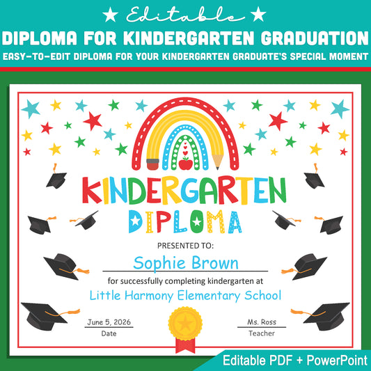 Editable Kindergarten Graduation Diploma Template: Customizable Letter Size PDF + PowerPoint, Ready for Last Day of School, Instant Download!