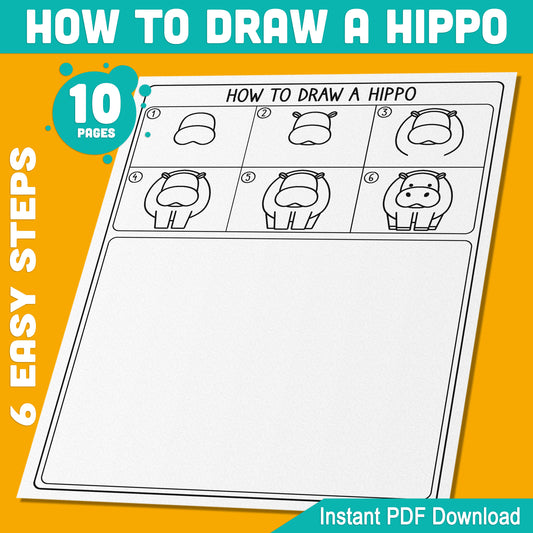 Hippo Drawing for Kids: 5-Page Step-by-Step Tutorial with Bonus Coloring Pages – Easy PDF Download