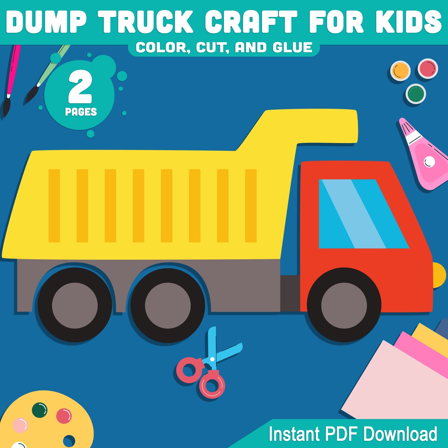 Dump Truck Paper Craft: Fun DIY Color, Cut, and Glue Project for PreK, Kindergarten, and 2nd Grade, Printable PDF Instant Download