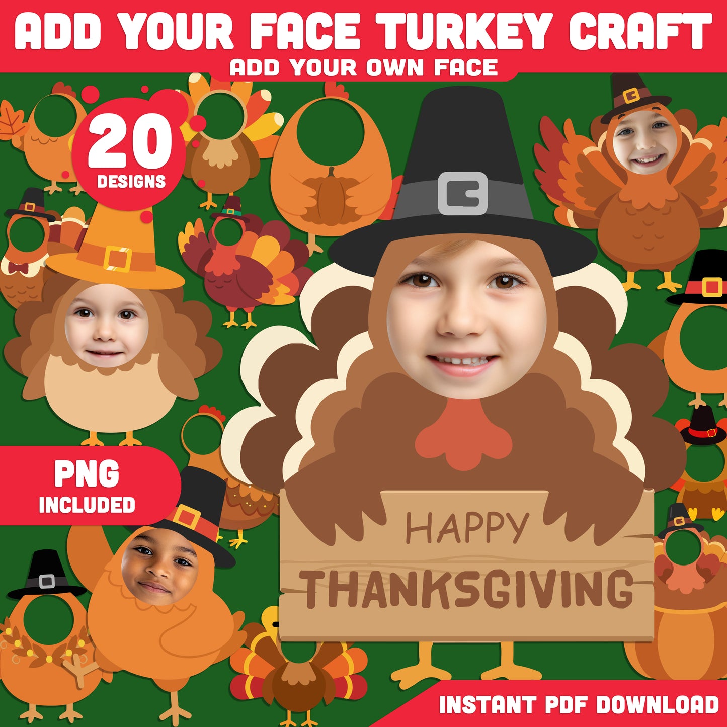 Thanksgiving Add Your Face Turkey Crafts, 20 Printable Body Templates, Fun Classroom or Home Activity, Includes PDF + PNG High-resolution Files, 8.5x11"