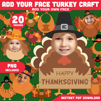 Thanksgiving Add Your Face Turkey Crafts, 20 Printable Body Templates, Fun Classroom or Home Activity, Includes PDF + PNG High-resolution Files, 8.5x11"
