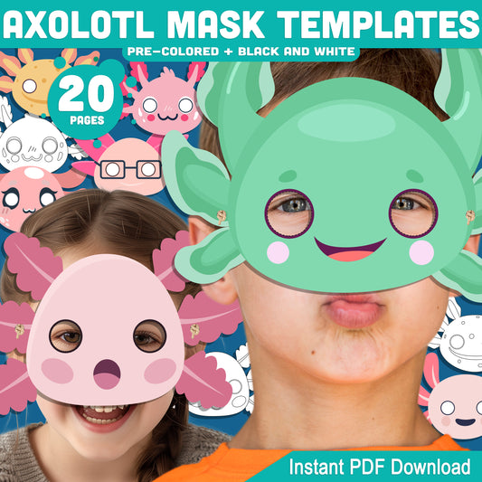 Axolotl (Ajolote) Mask Templates for Kids: Fun Printable Craft with Pre-Colored & Black and White Options, 20 Pages, PDF Instant Download