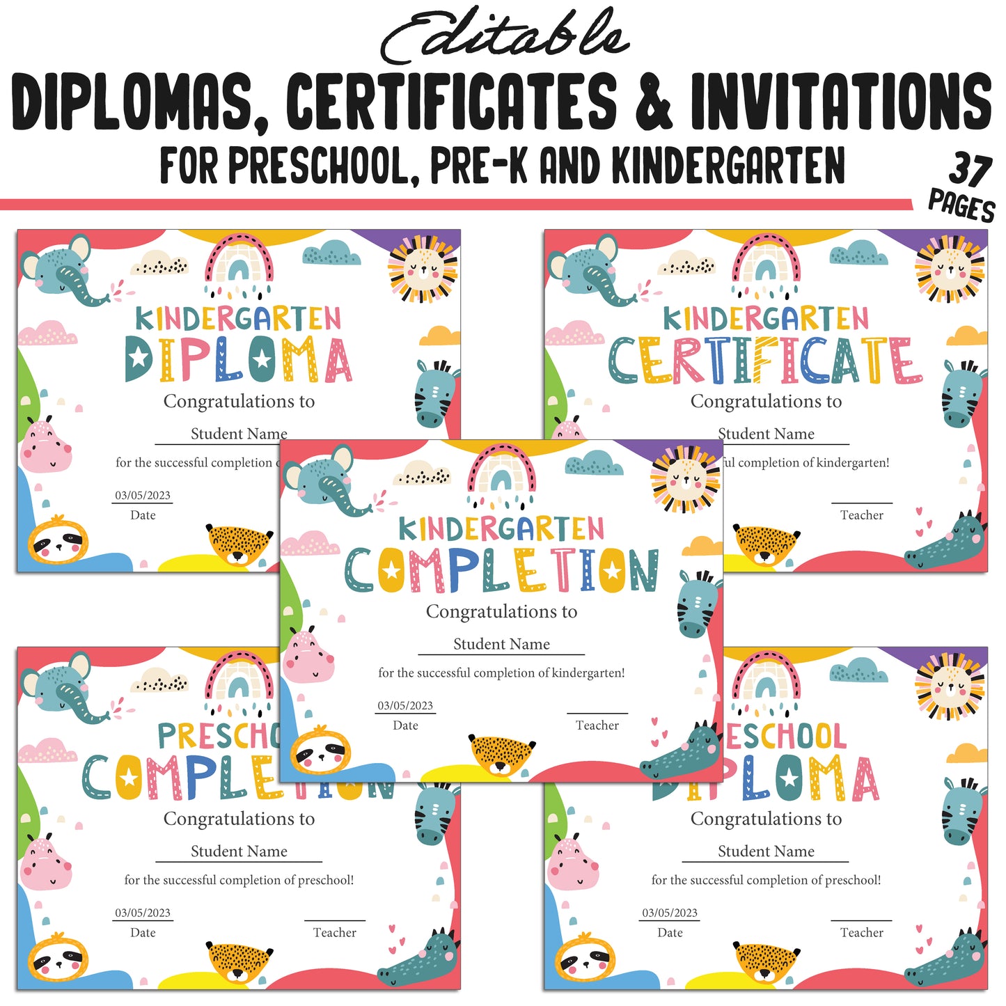 Editable Kindergarten, Pre-K, and Preschool Completion Certificates, Diplomas & Invitations Backgrounds, PDF Files, Instant Download