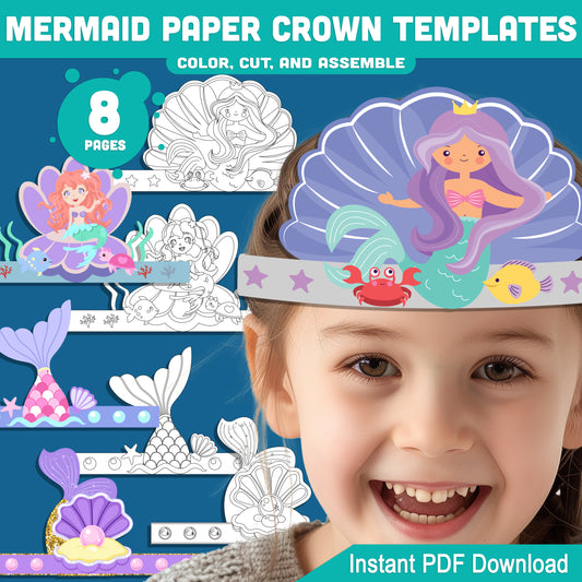 Mermaid Paper Crown, Hat, and Headband Craft for Kids – Fun Printable Designs in Color & Black and White, Instant 8-Page PDF Download