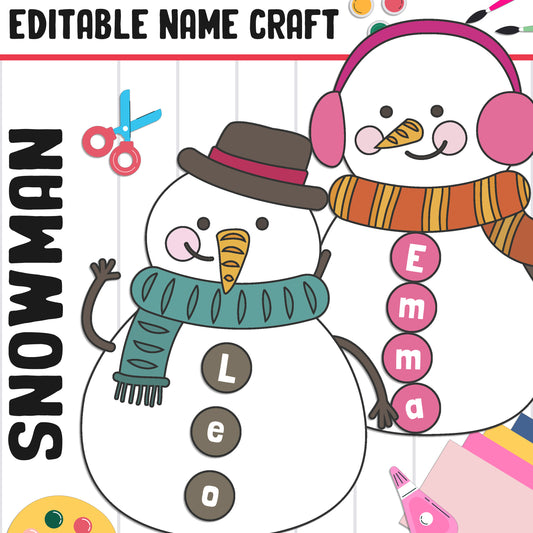 Snowman Name Craft Activity: Christmas, Winter, Back-to-School Bulletin Board, 40 Pages 5 Designs Blank & Editable Color and Black-and-White