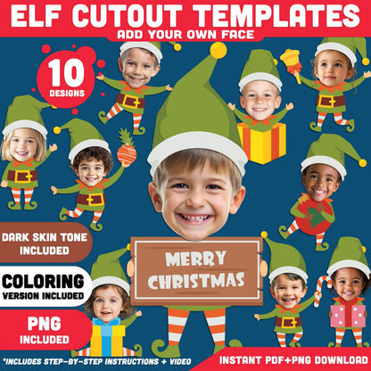 Elf Cutout Templates, Printable Christmas Craft, Add Your Own Face, PDF + PNG, Coloring Version