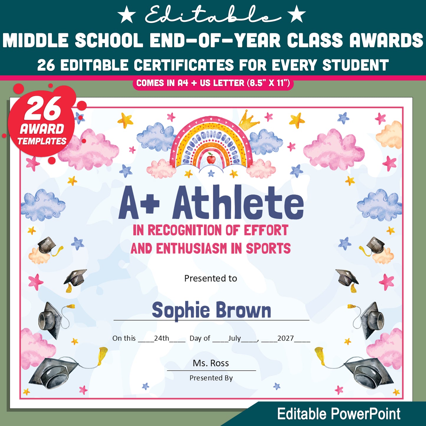 Editable Middle School End-of-Year Class Awards, Printable Student Appreciation Templates, 26 Recognition Designs