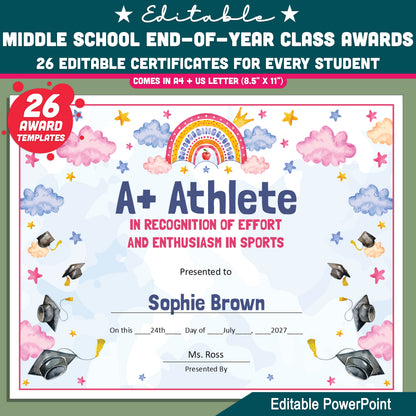 Editable Middle School End-of-Year Class Awards, Printable Student Appreciation Templates, 26 Recognition Designs
