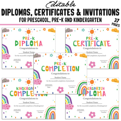 37 Editable Printable Pre-K, Kindergarten, and Preschool Diploma and Invitation Templates (PDF) - Instant Download