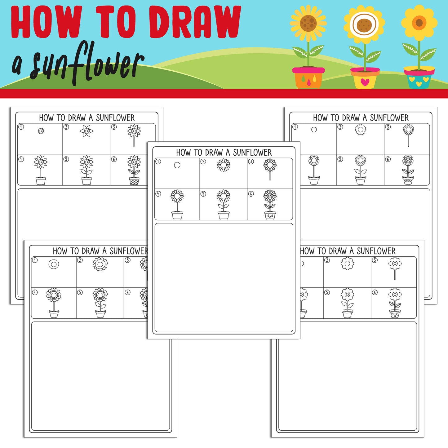 Learn How to Draw a Sunflower: Directed Drawing Step by Step Tutorial, Includes 5 Coloring Pages, PDF File, Instant Download.