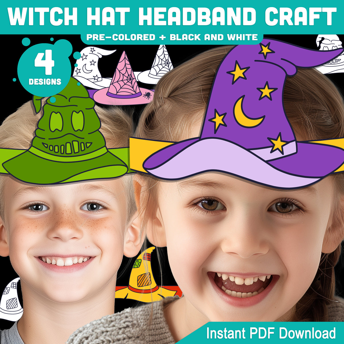 Witch Hat Headband & Crown Craft, Halloween Craft Templates for Kids, Paper Witch Hat, Pre-Colored + Black & White Printable Activity