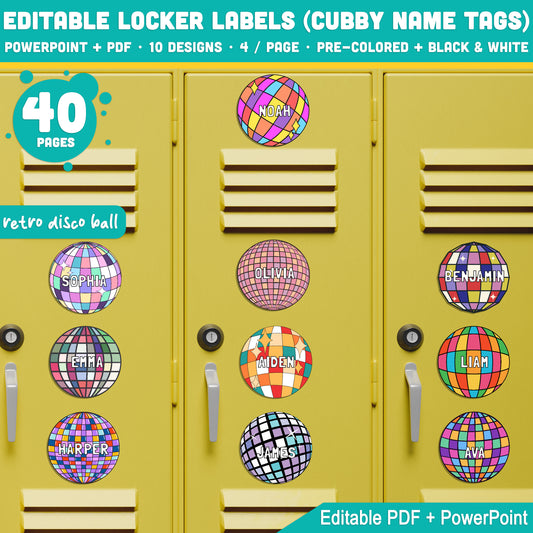 Editable Retro Disco Ball Name Tags – 10 Fun Designs, 40 Pages, PDF + PowerPoint, Black & White + Color, Instant Download