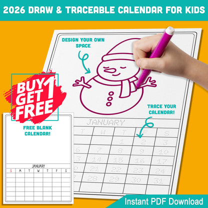 2026 Traceable Calendar for Kids: 12-Month Template to Trace and Draw, Includes Free 12-Month Blank Calendar Template, PDF Instant Download, 8.5x11 Inches