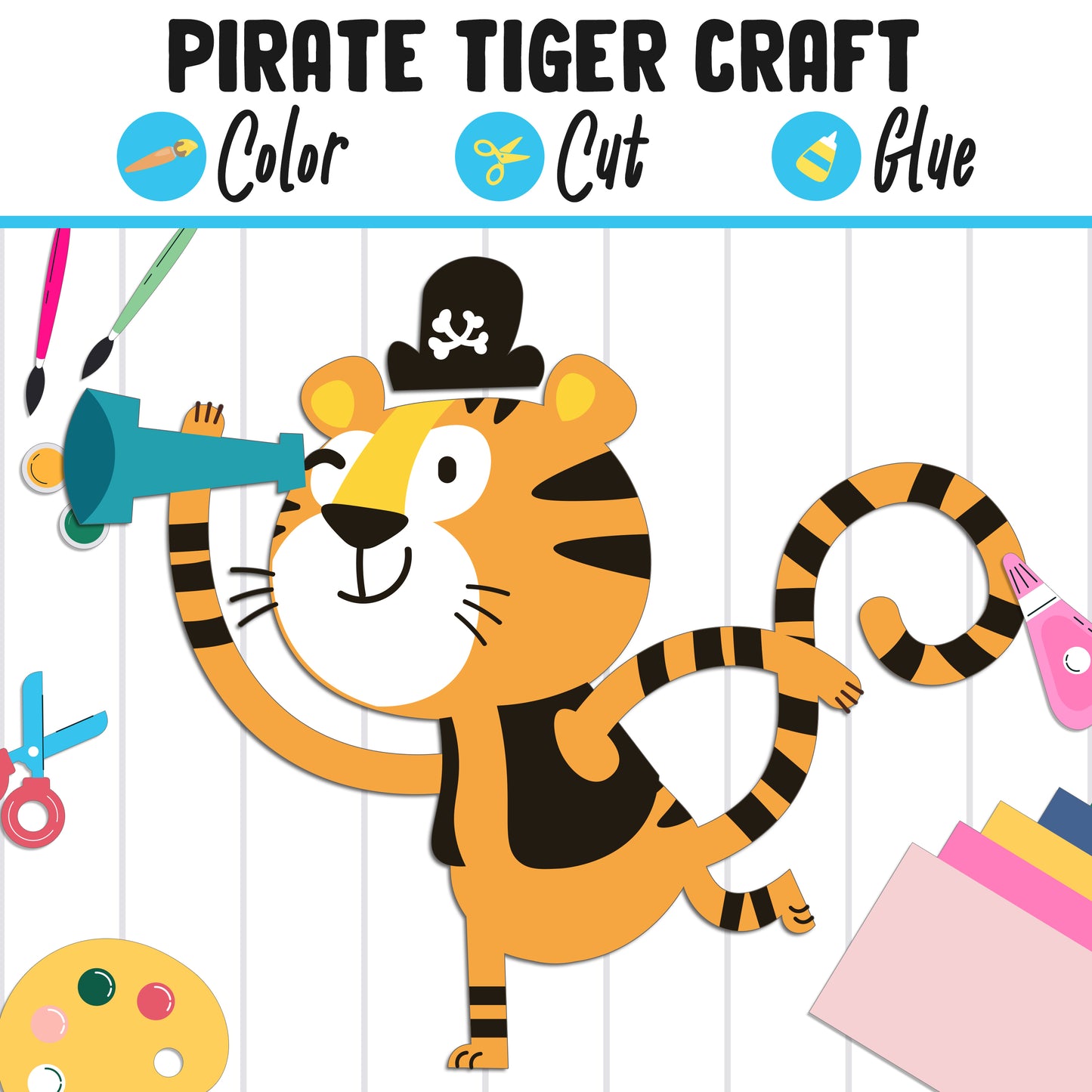 Pirate Tiger Craft for Kids: Color, Cut, and Glue, a Fun Activity for Pre K to 2nd Grade, PDF Instant Download