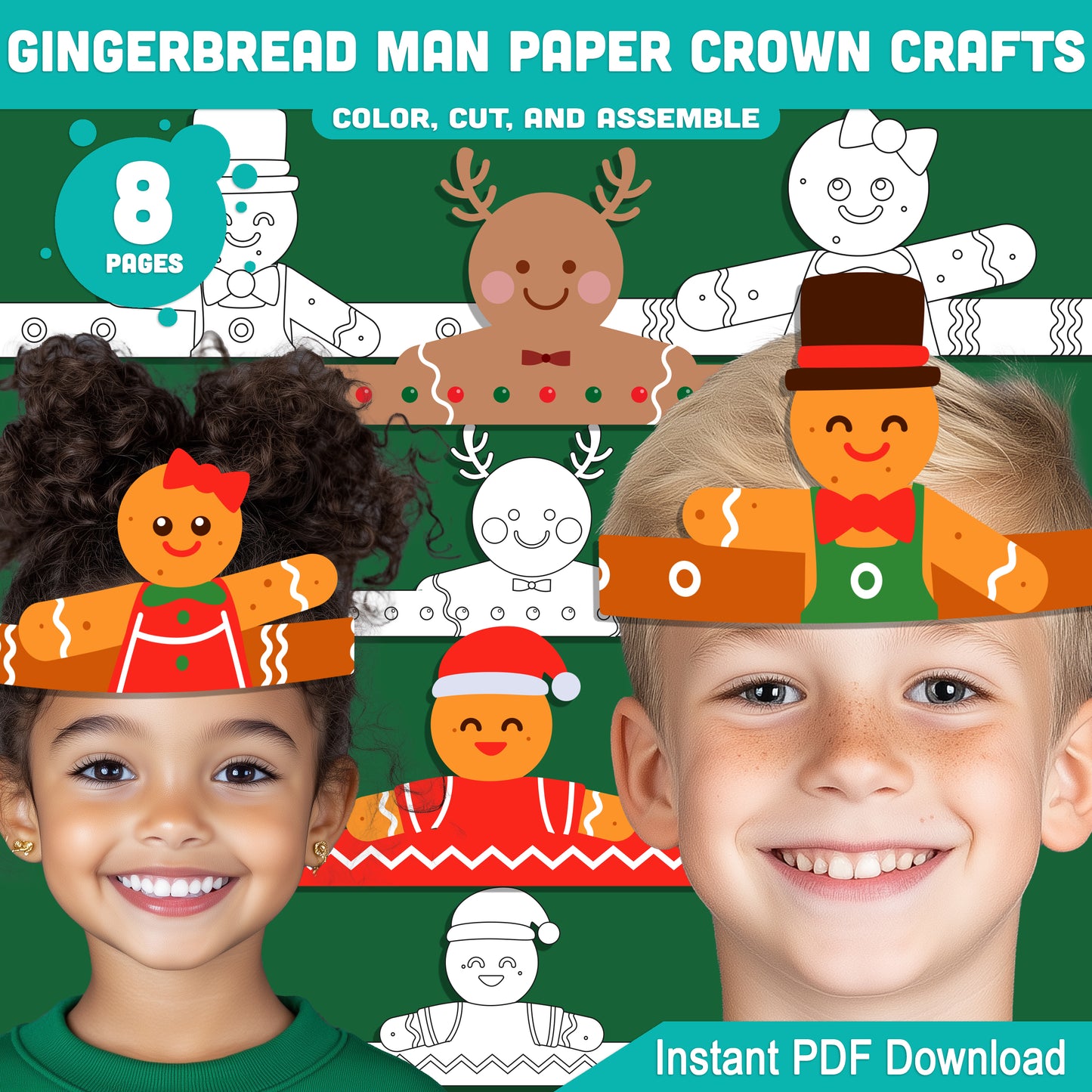 Printable Gingerbread Man Paper Crown Crafts, Christmas Hat and Headband Winter Craft, Holiday Party Paper Hat, Cut, Color & Assemble Activity, 4 Designs, Pre-color + Black & White