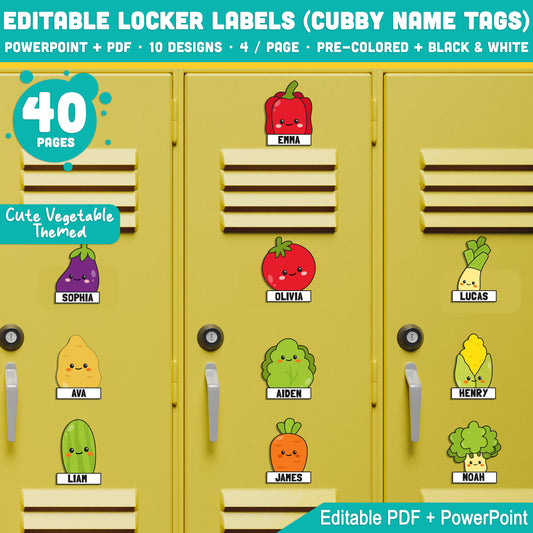 Editable Cubby Name Tags, Cute Vegetable Themed Locker Labels, 40 Pages, PDF and PowerPoint, Pre-Colored + Black & White for Teachers