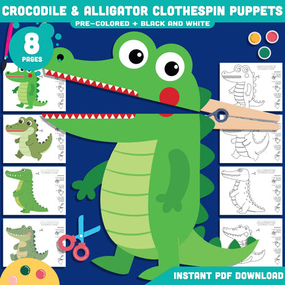 Crocodile and Alligator Clothespin Puppets, Printable Moving Mouth Animal Craft