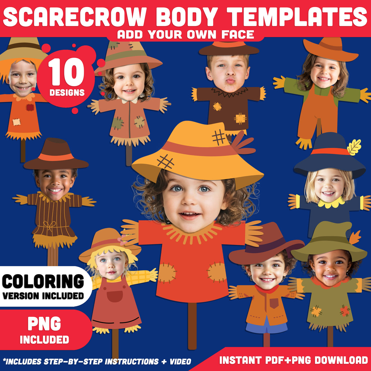 Scarecrow Body Templates, Autumn Add Your Own Face Craft, PDF + PNG Files, Coloring Version Included, Fall Classroom Activity, 10 Unique Designs