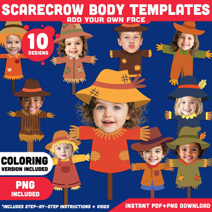 Scarecrow Body Templates, Autumn Add Your Own Face Craft, PDF + PNG Files, Coloring Version Included, Fall Classroom Activity, 10 Unique Designs