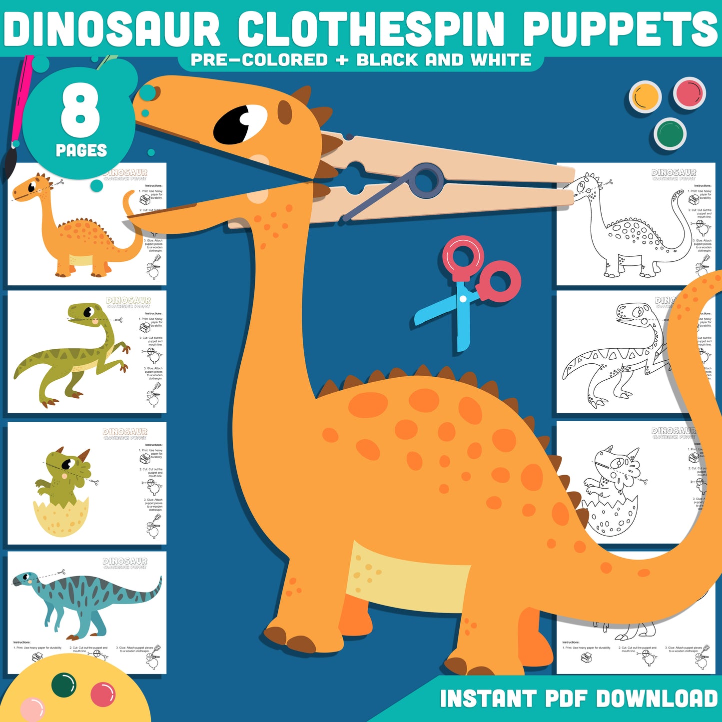 Dinosaur Puppet Craft, Movable Dinosaur Craft Activity, Printable Clothespin Puppet Templates for Kids PDF