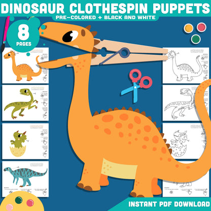 Dinosaur Puppet Craft, Movable Dinosaur Craft Activity, Printable Clothespin Puppet Templates for Kids PDF
