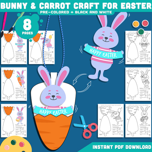 Paper Bunny and Carrot Craft for Easter, Bunny in a Carrot Craft Activity Printable, Spring Cut and Glue Craft Template, 4 Designs, 300 DPI PDF