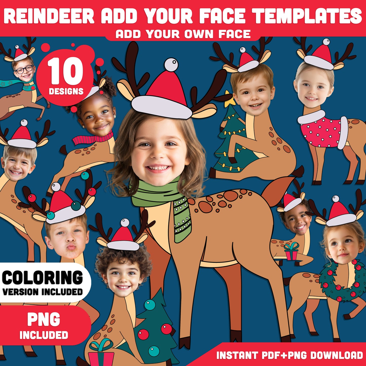 Reindeer Add Your Face Templates, Winter Add-Your-Face Body Craft, Coloring Version Included, High-resolution PDF + PNG Files, 10 Festive Printable Designs for Kids