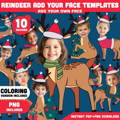 Reindeer Add Your Face Templates, Winter Add-Your-Face Body Craft, Coloring Version Included, High-resolution PDF + PNG Files, 10 Festive Printable Designs for Kids