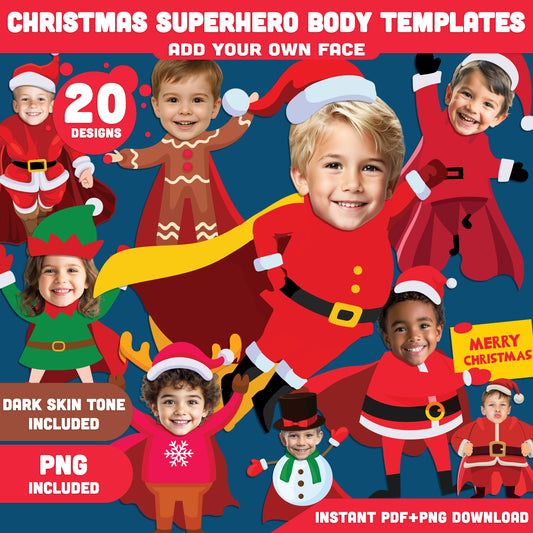 Christmas Superhero Body Templates – Make Your Own Holiday Cutouts with Santa Snowman Elf Reindeer Gingerbread Man, 20 designs Light + Dark Skin Tone, PDF + PNG